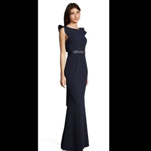 Adrianna Papell ruffle-sleeve gown.